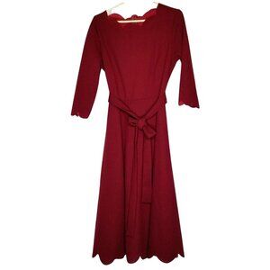 Womens Burgundy Scalloped Neck Long Sleeve Dress Size L Polyester Blend Workwear